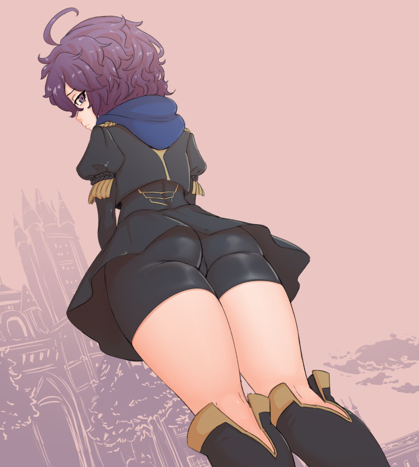 1girl ahoge ass bernadetta_von_varley bike_shorts bike_shorts_under_skirt black_footwear black_skirt boots cathedral commentary fire_emblem fire_emblem:_three_houses from_below garreg_mach_monastery_uniform highres hood hood_down knee_boots long_sleeves looking_at_viewer looking_back purple_eyes purple_hair short_hair skirt solo spicy_bardo uniform