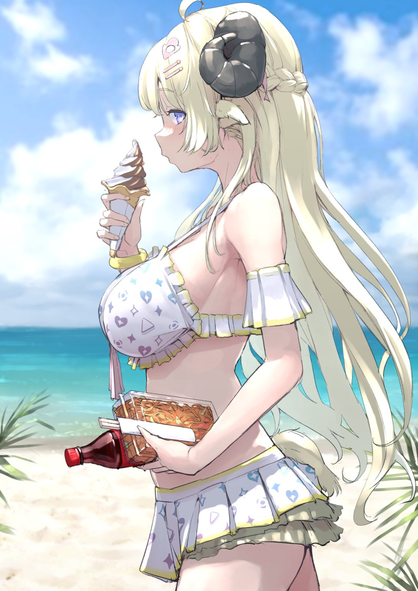 1girl beach blonde_hair breasts chopsticks food hair_ornament hairclip highres holding holding_food holding_ice_cream hololive hololive_summer_2023_swimsuit horns ice_cream large_breasts mitsuru_(pixiv_34028718) noodles official_alternate_costume purple_eyes sheep_girl sheep_horns sheep_tail sideboob soba soda soda_bottle tail tsunomaki_watame virtual_youtuber