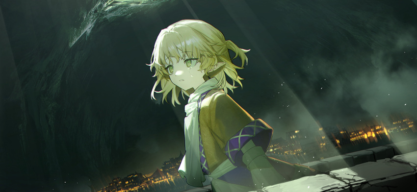 1girl arm_at_side arm_warmers blonde_hair brown_shirt cave city crying crying_with_eyes_open es-ther former_capital from_side green_eyes house light_rays looking_afar medium_hair mizuhashi_parsee non-web_source official_art parted_lips pointy_ears purple_skirt scarf second-party_source shirt skirt solo tears touhou touhou_gensou_eclipse underground white_scarf