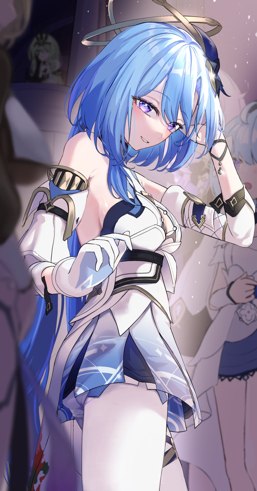 absurdres aponia_(honkai_impact) blue_hair breasts cleavage_cutout clothing_cutout commentary_request dress elysia_(honkai_impact) gloves griseo griseo_(cosmic_expression) griseo_(starry_impression) hair_between_eyes hair_ornament highres honkai_(series) honkai_impact_3rd large_breasts light_blue_hair looking_at_viewer mobius_(honkai_impact) multiple_girls nagonako purple_eyes smile white_dress white_gloves