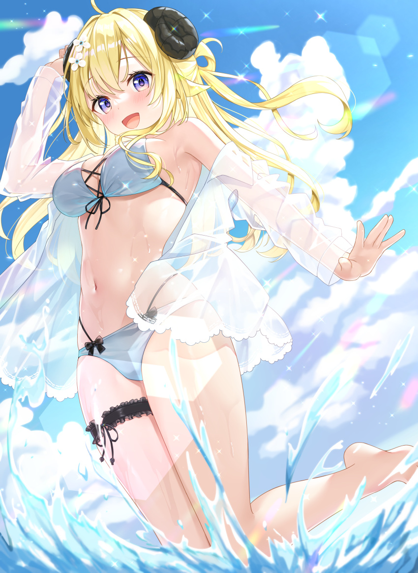 1girl :d absurdres ahoge animal_ears arm_up bare_shoulders barefoot bikini blonde_hair blue_sky blush breasts bridal_garter cloud commentary_request curled_horns day feet floating_hair flower foot_out_of_frame hair_flower hair_ornament highres hololive horns knees_together_feet_apart leg_up long_hair long_sleeves looking_at_viewer medium_breasts navel off_shoulder open_clothes open_mouth open_shirt outdoors purple_eyes see-through see-through_shirt sheep_ears sheep_girl sheep_horns shimo_(shimo332215) shirt sidelocks sky smile solo stomach swimsuit tsunomaki_watame virtual_youtuber water wet wet_clothes wet_shirt white_bikini white_flower white_shirt