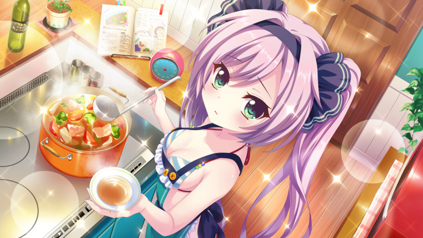1girl apron aqua_apron bikini blue_bikini book bookmark bottle bowl breasts broccoli cleavage cooking cooking_pot dot_nose film_grain from_above from_side game_cg green_eyes hair_ornament hair_scrunchie hairband holding holding_bowl holding_ladle indoors izumi_tsubasu ladle lens_flare long_hair looking_at_viewer misaki_sango nearly_naked_apron non-web_source official_art open_book parted_lips plant potted_plant purple_hair purple_hairband purple_scrunchie re:stage! recipe_(object) scrunchie sideboob small_breasts solo sparkle steam stew stove striped striped_bikini swimsuit twintails white_stripes wooden_door wooden_floor