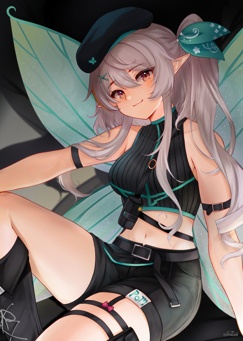 1girl :3 alternate_hair_color armlet artist_name belt beret black_belt black_footwear black_headwear black_shirt black_shorts boots breasts closed_mouth commentary fairy_wings grey_hair hair_ornament hat highres long_hair looking_at_viewer medium_breasts navel nijisanji nijisanji_en pointy_ears pomu_rainpuff pomu_rainpuff_(3rd_costume) red_eyes shirt shorts side_ponytail sleeveless smile solo symbol-only_commentary temachii thigh_pouch thigh_strap virtual_youtuber wings x_hair_ornament