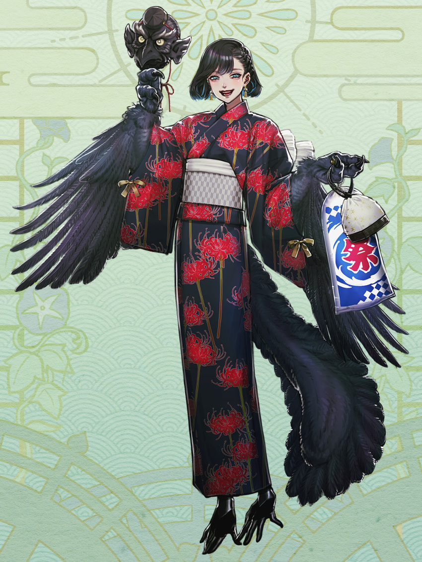 1girl :d bag black_hair black_kimono black_wings blue_eyes braid dairoku_ryouhei earrings floral_print full_body green_background harpy highres holding holding_bag holding_mask ira_zachariah japanese_clothes jewelry k0gam1 kimono kinchaku mask monster_girl parted_bangs pouch short_hair smile solo spider_lily_print standing talons unworn_mask wide_sleeves wings