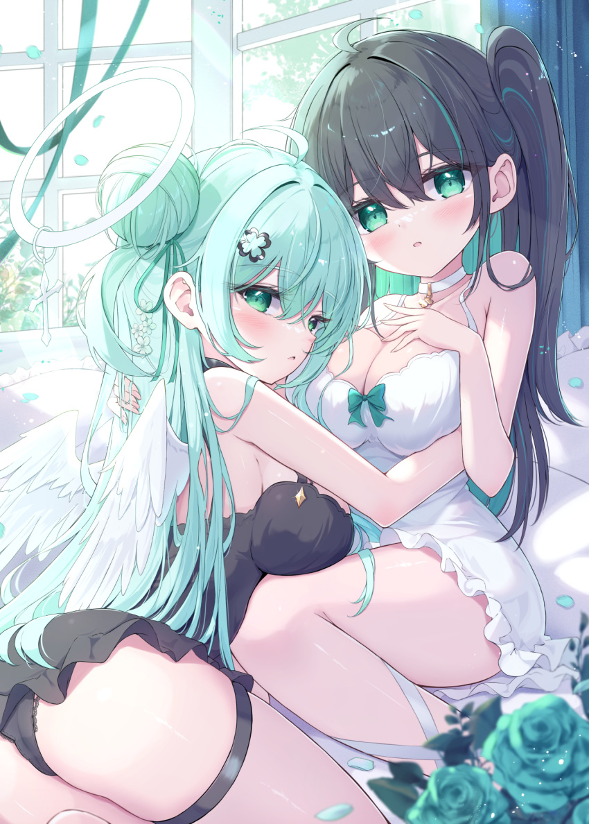 2girls ahoge angel angel_wings bare_arms bare_shoulders black_choker black_dress black_hair black_panties blush breasts choker cleavage clover clover_hair_ornament colored_inner_hair commentary_request cross dress feathered_wings flower four-leaf_clover glint green_eyes green_flower green_hair green_ribbon green_rose hair_bun hair_flower hair_ornament hair_ribbon halo highres indoors large_breasts latin_cross long_hair looking_at_viewer looking_back mikaze_oto multicolored_hair multiple_girls original panties parted_lips ribbon rose short_dress sitting sleeveless sleeveless_dress streaked_hair thigh_strap underwear white_choker white_dress white_halo window wings