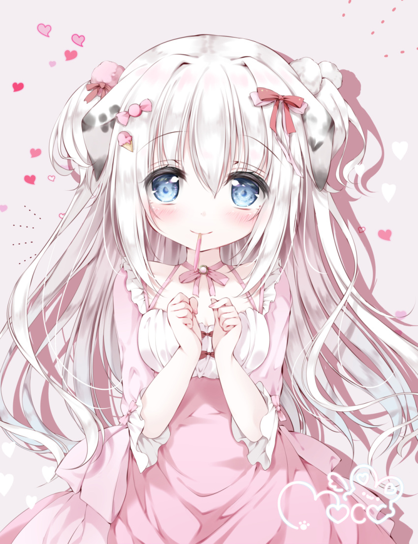 1girl animal_ears blue_eyes blush breasts candy_hair_ornament choker cleavage dalmatian dog_ears dog_girl dress food food-themed_hair_ornament food_in_mouth hair_ornament hair_ribbon heart highres ice_cream_hair_ornament long_hair long_sleeves looking_at_viewer moco_ofuton mouth_hold original pocky pocky_in_mouth pom_pom_(clothes) pom_pom_hair_ornament ribbon ribbon_choker smile solo two_side_up very_long_hair white_hair