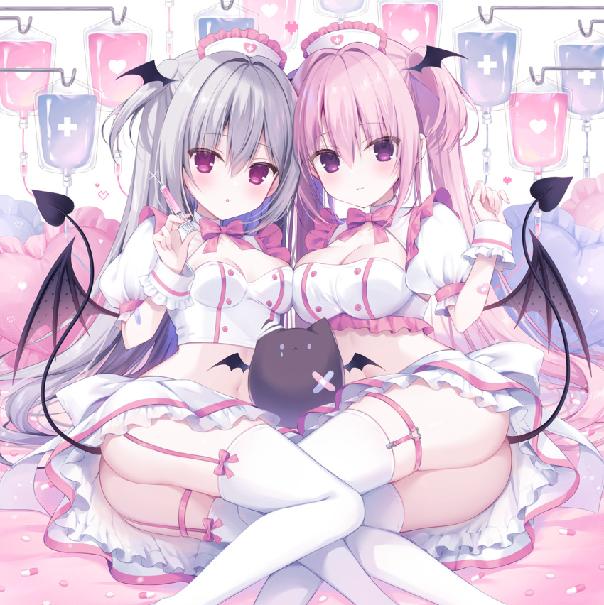2girls ass breasts cleavage comiket_103 commentary_request crop_top demon_girl demon_tail demon_wings feet_out_of_frame frilled_skirt frills grey_hair grey_wings hair_between_eyes hair_intakes hand_up hasune hat heart highres holding holding_syringe intravenous_drip medium_breasts midriff multiple_girls navel nurse nurse_cap original pink_hair puffy_short_sleeves puffy_sleeves purple_eyes shirt short_sleeves skirt syringe tail thighhighs two_side_up white_headwear white_shirt white_skirt white_thighhighs wings wrist_cuffs