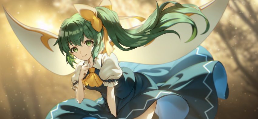 1girl ascot blue_dress blurry blurry_background bow closed_mouth collared_shirt daiyousei dress fairy_wings floating_hair green_eyes green_hair hair_bow hand_up long_hair looking_at_viewer non-web_source official_art puffy_short_sleeves puffy_sleeves second-party_source shirt short_sleeves side_ponytail smile solo touhou touhou_gensou_eclipse tree u_u_zan white_shirt wings yellow_ascot yellow_bow