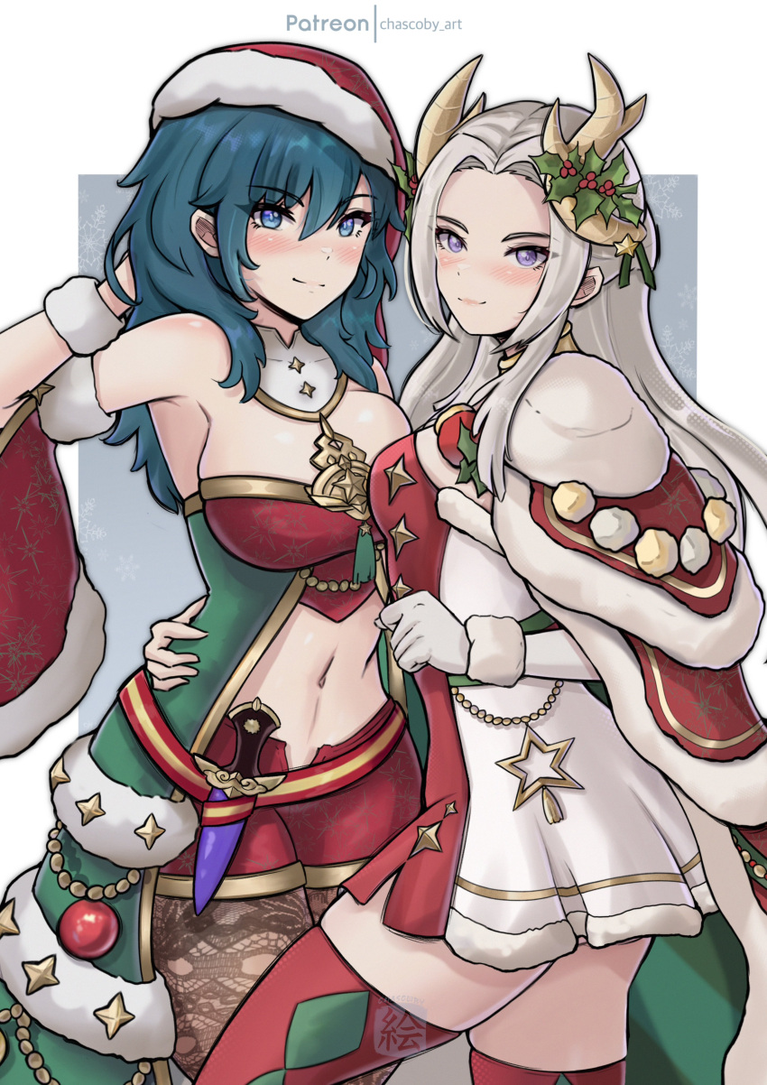 2girls absurdres antlers arm_around_waist blue_eyes blue_hair breasts brooch byleth_(female)_(fire_emblem) byleth_(female)_(frosty_professor)_(fire_emblem) byleth_(fire_emblem) cape chascoby edelgard_von_hresvelg edelgard_von_hresvelg_(snowfall_future) fake_antlers fire_emblem fire_emblem:_three_houses fire_emblem_heroes gloves hat highres jewelry large_breasts long_hair looking_at_viewer medium_hair mistletoe multiple_girls navel official_alternate_costume pantyhose red_cape red_thighhighs reindeer_antlers santa_hat small_breasts smile thighhighs white_gloves white_hair