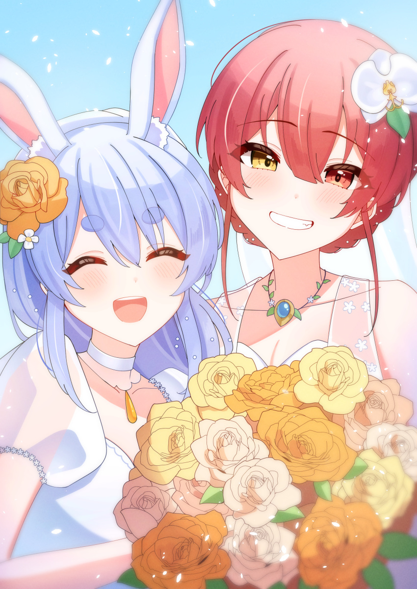 2girls absurdres animal_ears blush bouquet braid bridal_veil choker closed_eyes dress flower grin hair_flower hair_ornament heterochromia highres holding holding_bouquet hololive houshou_marine jewelry long_hair looking_at_viewer multiple_girls necklace open_mouth puffy_short_sleeves puffy_sleeves rabbit_ears rabbit_girl red_eyes red_hair rose short_sleeves sleeveless sleeveless_dress smile thick_eyebrows tsumurimai usada_pekora veil virtual_youtuber wedding wedding_dress wife_and_wife yellow_eyes yuri