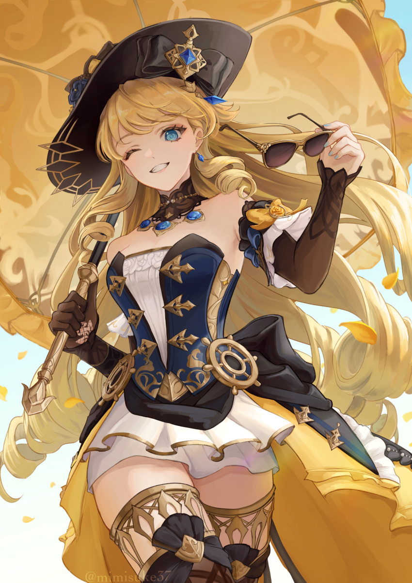 1girl bare_shoulders black_gloves black_headwear blonde_hair blue_eyes blue_gemstone breasts detached_sleeves dress drill_hair drill_sidelocks flower gem genshin_impact gloves gold_trim_bow hat hat_flower highres holding holding_umbrella jewelry lace-trimmed_collar lace_trim long_hair looking_at_viewer mimisuke37 navia_(genshin_impact) rose sidelocks smile solo strapless strapless_dress thighhighs thighs umbrella very_long_hair yellow_flower yellow_rose