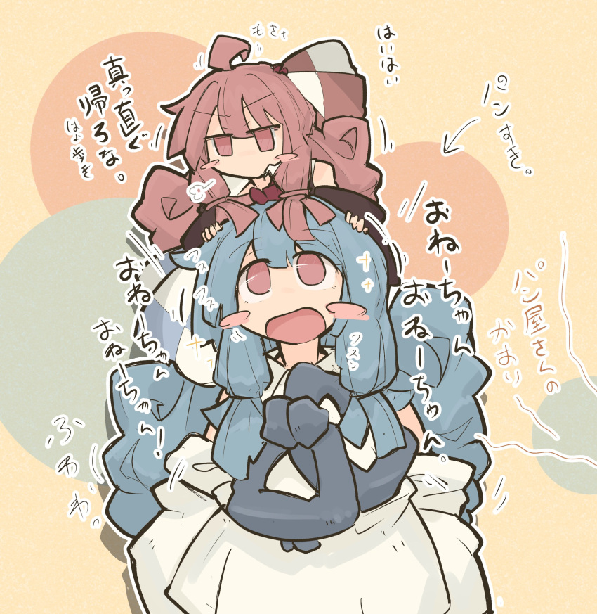 2girls absurdres ahoge black_sleeves blue_ribbon blush_stickers chibi collared_dress commentary_request curly_hair detached_sleeves dress hair_ribbon highres jitome kotonoha_akane kotonoha_aoi large_ribbon long_hair looking_at_another looking_up low-tied_sidelocks multiple_girls neck_ribbon no_mouth on_head open_mouth outline puff_of_air red_eyes red_hair ribbon sheila_ship2 siblings sidelocks sisters sleeveless sleeveless_dress standing translation_request voiceroid white_dress white_outline yellow_background