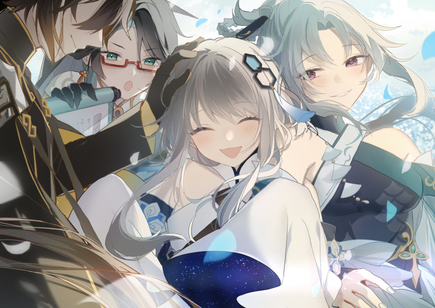 1boy 3girls :o aqua_eyes bare_shoulders black_gloves black_hair blue_flower blush breasts brown_hair chinese_clothes cloud_retainer_(genshin_impact) dress falling_petals flower genshin_impact gloves green_hair grey_hair guizhong_(genshin_impact) hair_between_eyes hair_ornament hand_on_another's_head headpat highres hoshiyui_tsukino long_hair long_sleeves madame_ping_(genshin_impact) medium_breasts multicolored_hair multiple_girls official_alternate_costume open_mouth petals purple_eyes red-framed_eyewear scroll semi-rimless_eyewear short_hair sidelocks sleeves_past_fingers sleeves_past_wrists smile tassel tassel_hair_ornament two-tone_hair white_dress wide_sleeves xianyun_(genshin_impact) zhongli_(genshin_impact)