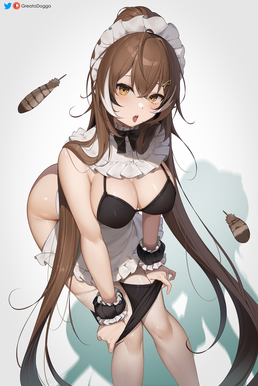 1girl ahoge apron artist_name blush breasts brown_eyes brown_hair dress feathers frills greatodoggo highres hololive hololive_english large_breasts long_hair looking_at_viewer maid maid_apron maid_headdress multicolored_hair nanashi_mumei open_mouth panties patreon_logo patreon_username solo streaked_hair thighhighs thighs tongue tongue_out twitter_logo twitter_username underwear undressing very_long_hair virtual_youtuber white_apron