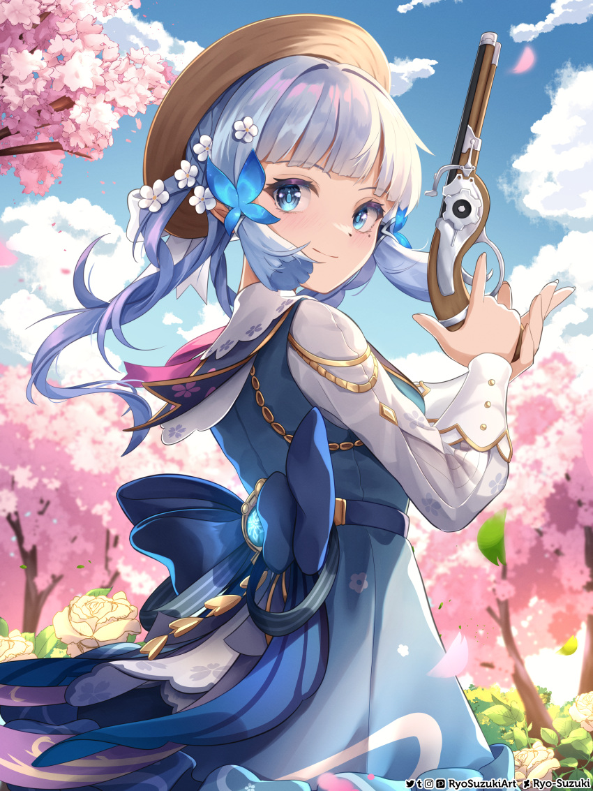 1girl absurdres antique_firearm artist_name blue_butterfly blue_dress blue_eyes blue_hair blue_sky blunt_bangs blunt_tresses blush braid braided_hair_rings branch brown_headwear bug butterfly butterfly_hair_ornament cherry_blossoms closed_mouth cloud collar commentary_request day dress english_commentary falling_petals fingernails flower genshin_impact gun hair_flower hair_ornament handgun hat hat_flower highres holding holding_gun holding_weapon kamisato_ayaka kamisato_ayaka_(springbloom_missive) light_blue_hair long_sleeves looking_at_viewer mixed-language_commentary mole mole_under_eye multicolored_clothes multicolored_dress official_alternate_costume official_alternate_hairstyle outdoors petals puffy_long_sleeves puffy_sleeves ribbon ryo-suzuki sidelocks sky smile solo tree upper_body vision_(genshin_impact) weapon white_collar