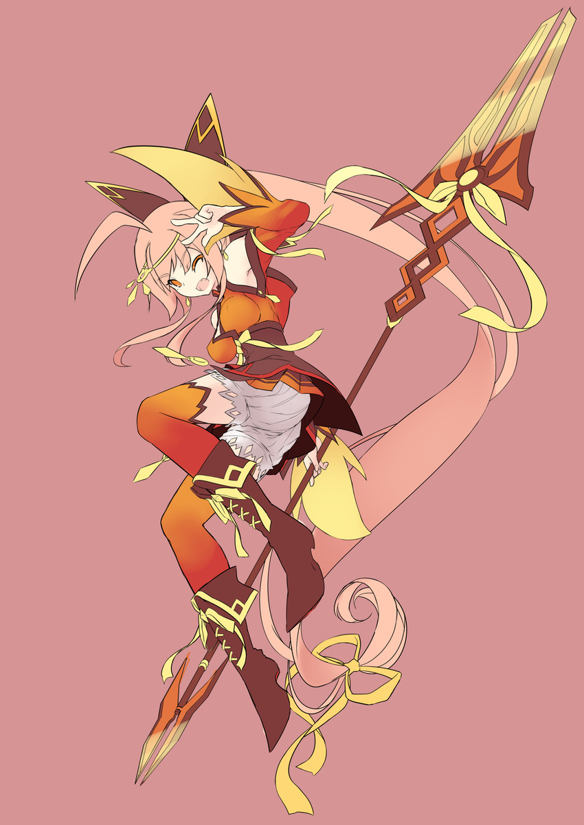 &gt;_o :d absurdres ahoge boots dobunezumi elsword full_body hair_ornament highres ignia_(elsword) long_hair looking_at_viewer one_eye_closed open_mouth pink_hair polearm ponytail red_legwear simple_background smile solo spear v weapon