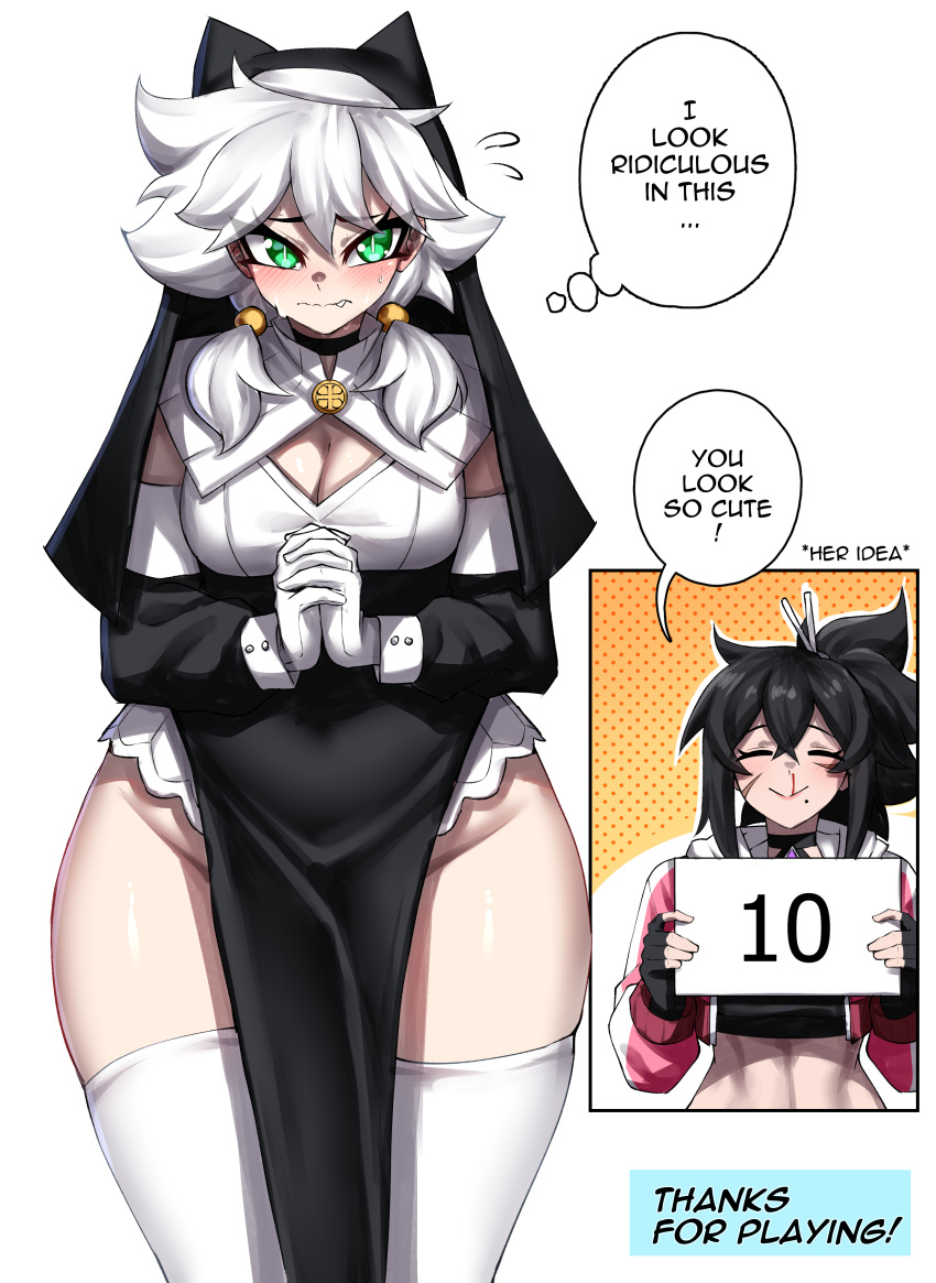 2girls abs absurdres black_gloves black_hair breasts cleavage fingerless_gloves flying_sweatdrops gloves highres large_breasts multiple_girls navel original rageman709 short_hair speech_bubble thick_thighs thighs thought_bubble white_gloves white_hair