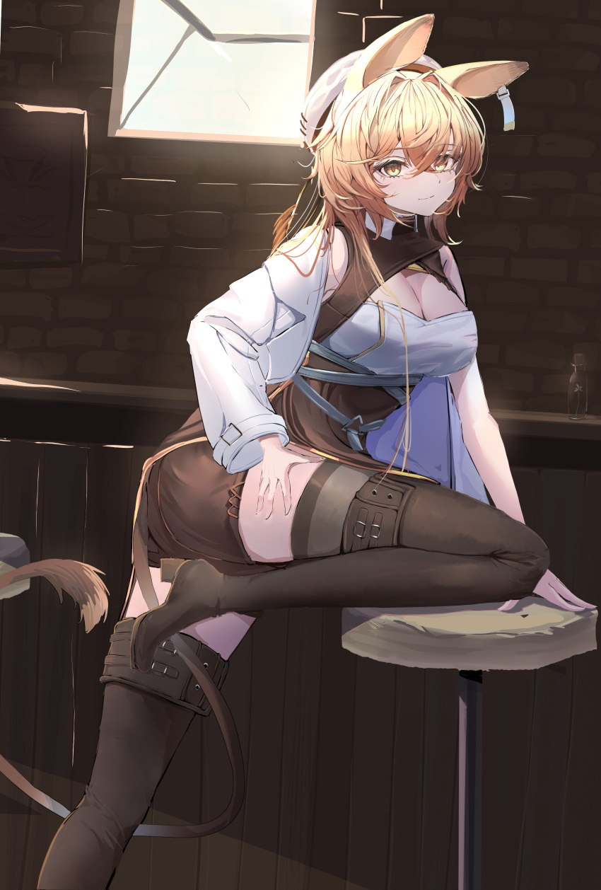 1girl absurdres animal_ears arknights arm_out_of_sleeve bar_stool black_footwear black_shirt black_shorts black_thighhighs blonde_hair bottle breasts brick_wall cleavage coat commentary cork dorothy_(arknights) ear_tag flower hair_between_eyes hair_intakes hand_on_own_thigh hat high_heels highres indoors large_breasts long_hair long_sleeves looking_at_viewer lycoris-fullbloom mouse_ears mouse_girl mouse_tail off_shoulder open_clothes shirt shorts smile solo stool tail thighhighs turtleneck white_coat white_flower white_headwear yellow_eyes zettai_ryouiki