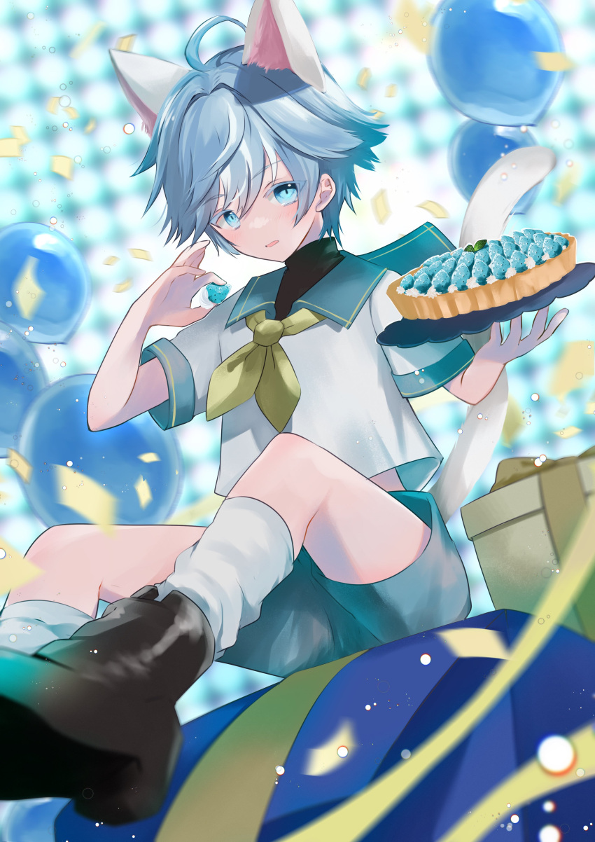 1boy absurdres animal_ears aqua_shorts balloon bishounen blue_eyes blue_hair boots brown_footwear cat_ears chongyun_(genshin_impact) food fruit genshin_impact hair_between_eyes highres holding holding_food holding_plate looking_at_viewer male_focus midriff neckerchief open_mouth pie plate rrr_gns_(riuriu_1212) shirt short_hair shorts socks solo strawberry white_shirt yellow_neckerchief