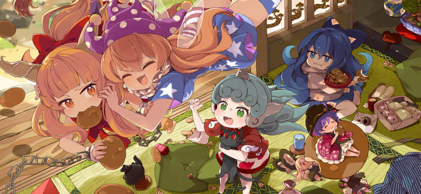 5girls :i ahoge american_flag_dress animal bag barefoot biscuit_(bread) blonde_hair blue_bow blue_dress blue_eyes blue_hair blue_skirt blush bonsai bow bowl bowl_hat brown_footwear cat chain character_doll chibi closed_eyes clownpiece cup cushion daruma_doll debt dress eating fingernails green_eyes green_hair grey_hoodie hair_between_eyes hair_bow hakurei_reimu hat holding holding_animal holding_cat hood hoodie horns ibuki_suika japanese_clothes jester_cap kaenbyou_rin kaenbyou_rin_(cat) kimono kirisame_marisa komano_aunn long_hair looking_at_another mota multiple_girls non-web_source official_art oni_horns open_mouth orange_eyes pink_kimono purple_hair purple_headwear red_bow red_dress red_shirt second-party_source shirt shoes skirt sukuna_shinmyoumaru sweatdrop teacup teapot touhou touhou_gensou_eclipse two-tone_dress very_long_hair wavy_mouth white_skirt yorigami_shion