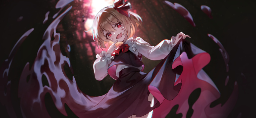 1girl :d ascot black_skirt black_vest blonde_hair blurry blurry_background blush darkness fang finger_to_own_chin frilled_sleeves frills hair_between_eyes hair_ribbon long_sleeves looking_at_viewer non-web_source official_art open_mouth red_ascot red_eyes red_ribbon ribbon rumia second-party_source shirt short_hair skin_fang skirt skirt_hold skirt_set smile solo touhou touhou_gensou_eclipse tree u_u_zan vest white_shirt