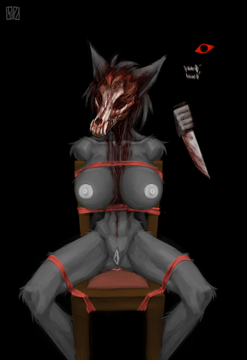 anthro bdsm black_body black_fur blood blood_from_wound bodily_fluids bondage bone bound chair chair_bondage cosplay curvy_figure empty_eye_sockets empty_eyes eyelashes faceless faceless_anthro faceless_character faceless_female fangs female fluffy fur furniture genital_fluids genitals grey_nipples grey_pussy hands_behind_back hands_tied hands_tied_behind_back hi_res hip_tuft hourglass_figure knee_tuft leg_tuft legs_tied nipples noseless pussy pussy_juice rope scherr scp-1471 scp_foundation shoulder_tuft skinned skull skull_head small_waist solo spread_legs spreading teeth tuft violence wounded