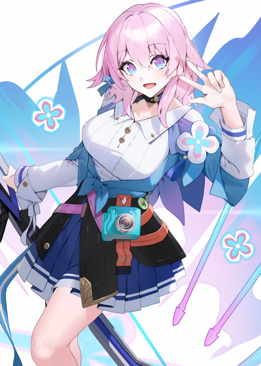 1girl :d absurdres acorn_print badge black_choker black_corset blue_eyes blue_jacket blue_skirt bow_(weapon) button_badge buttons camera choker commentary_request corset dress_shirt earrings feet_out_of_frame flower_ornament gradient_eyes hand_up highres holding holding_bow_(weapon) holding_weapon honkai:_star_rail honkai_(series) jacket jewelry long_sleeves looking_at_viewer march_7th_(honkai:_star_rail) medium_hair miniskirt multicolored_eyes open_mouth pink_eyes pink_hair pleated_skirt purple_eyes raitho shirt short_hair single_earring skirt smile solo tied_jacket two-tone_eyes underbust w weapon white_shirt