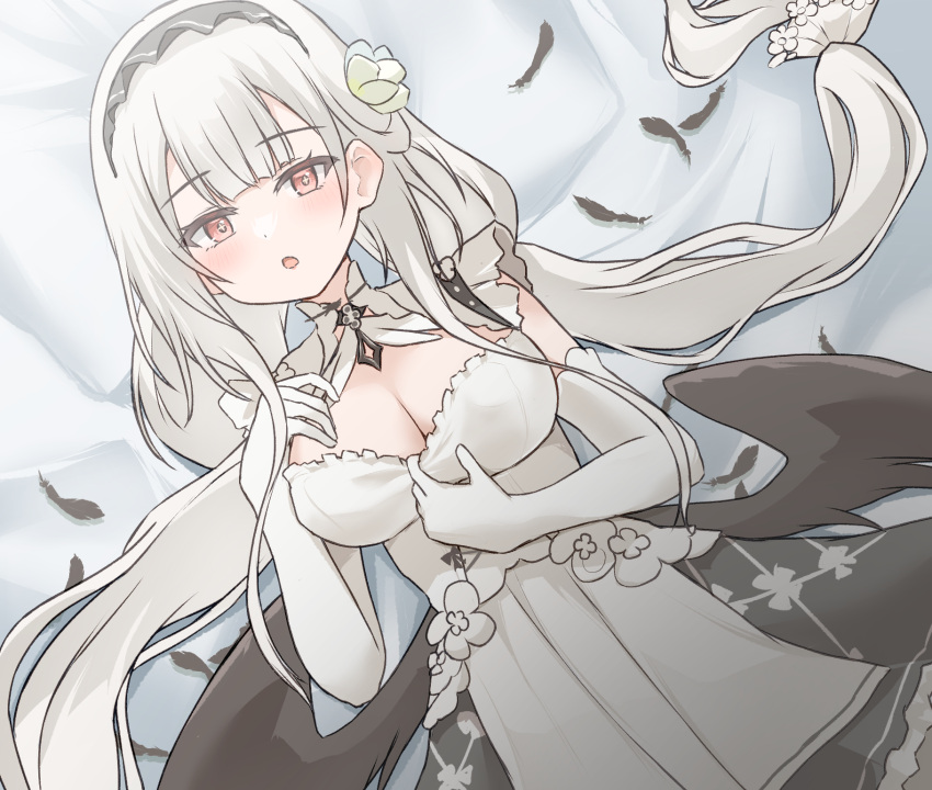 +_+ 1girl azur_lane black_feathers black_wings blush breasts cleavage cross-shaped_pupils dress elbow_gloves feathered_wings feathers flower frilled_dress frills from_above gloves hair_flower hair_ornament highres large_breasts long_hair looking_at_viewer low_twintails lying maid maid_headdress on_back on_bed parted_lips red_eyes scylla_(azur_lane) solo symbol-shaped_pupils tififox twintails white_dress white_flower white_gloves white_hair wings