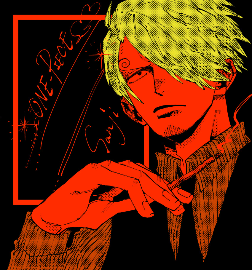 1boy black_eyes black_necktie blonde_hair character_name cigarette closed_mouth commentary_request curly_eyebrows facial_hair formal hair_over_one_eye highres holding holding_cigarette larugo0513 male_focus necktie one_eye_covered one_piece sanji_(one_piece) short_hair smoke solo suit