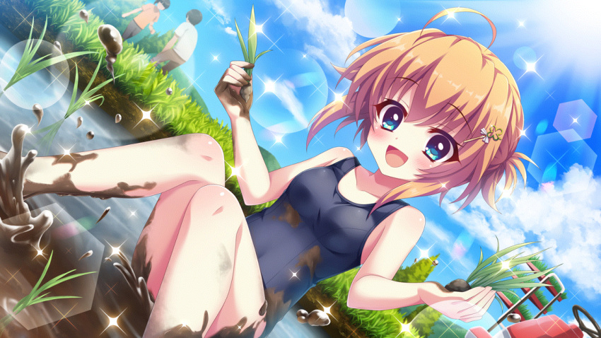 1boy 2girls :d ahoge blue_eyes blue_sky breasts cloud collarbone day dirty dot_nose dutch_angle fallen_down film_grain game_cg grass hair_ornament hairclip holding holding_plant izumi_tsubasu lens_flare looking_at_viewer mud multiple_girls non-circular_lens_flare non-web_source official_art open_mouth orange_hair outdoors plant re:stage! rice_planting school_swimsuit shikimiya_mana short_hair sidelocks sky small_breasts smile solo_focus sparkle steering_wheel sun swimsuit tractor tree