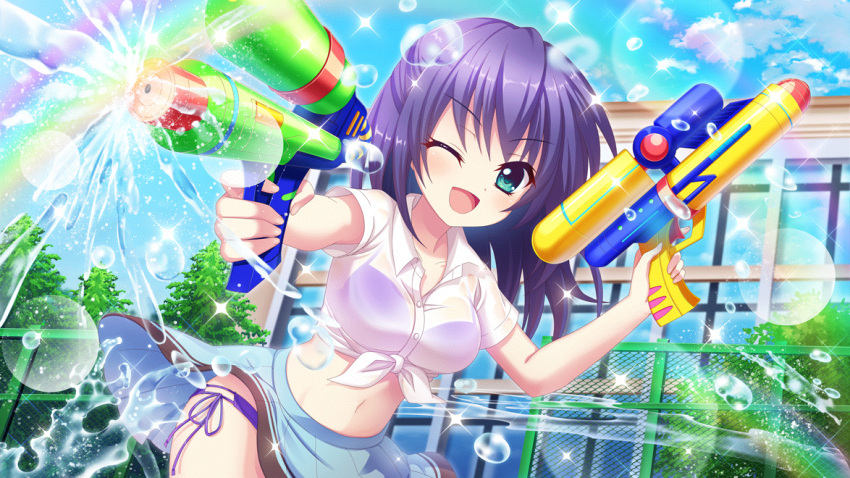 1girl ;d aqua_eyes bikini bikini_under_clothes blue_hair blue_skirt blue_sky breasts building chain-link_fence cloud collarbone day dot_nose dual_wielding fence film_grain game_cg holding holding_water_gun honjou_kasumi izumi_tsubasu large_breasts lens_flare marehoshi_academy_school_uniform medium_hair midriff navel non-web_source official_art one_eye_closed open_mouth outdoors purple_bikini rainbow re:stage! school_uniform shirt side-tie_bikini_bottom skirt sky smile solo sparkle swimsuit tied_shirt tree trigger_discipline water_drop water_gun white_shirt