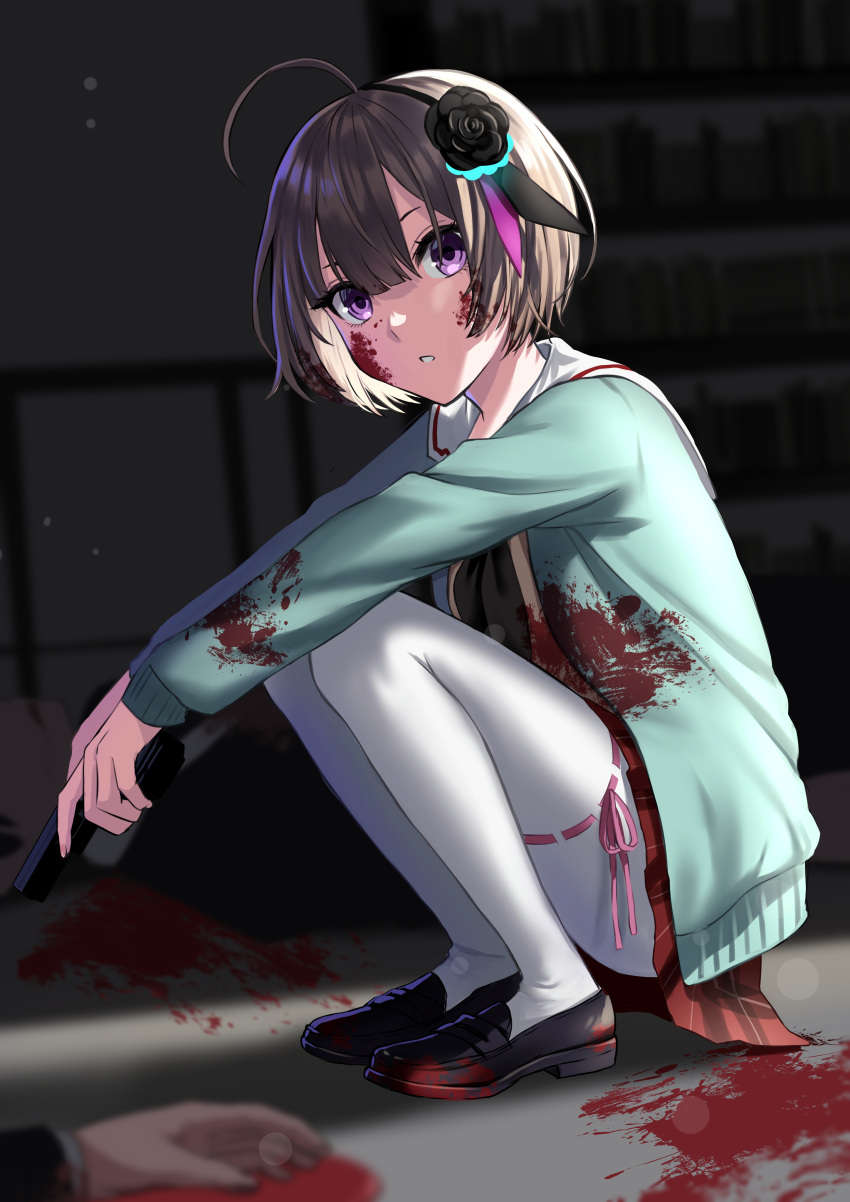 1girl 1other absurdres blood blood_on_clothes blood_on_face brown_hair corpse flower flower_hairband gun hairband heaven_burns_red highres holding holding_gun holding_weapon loafers long_sleeves looking_at_viewer minase_sumomo neckerchief nil_(pixiv_53614557) pantyhose parted_lips plaid plaid_skirt purple_eyes sailor_collar shoes short_hair skirt solo_focus squatting weapon