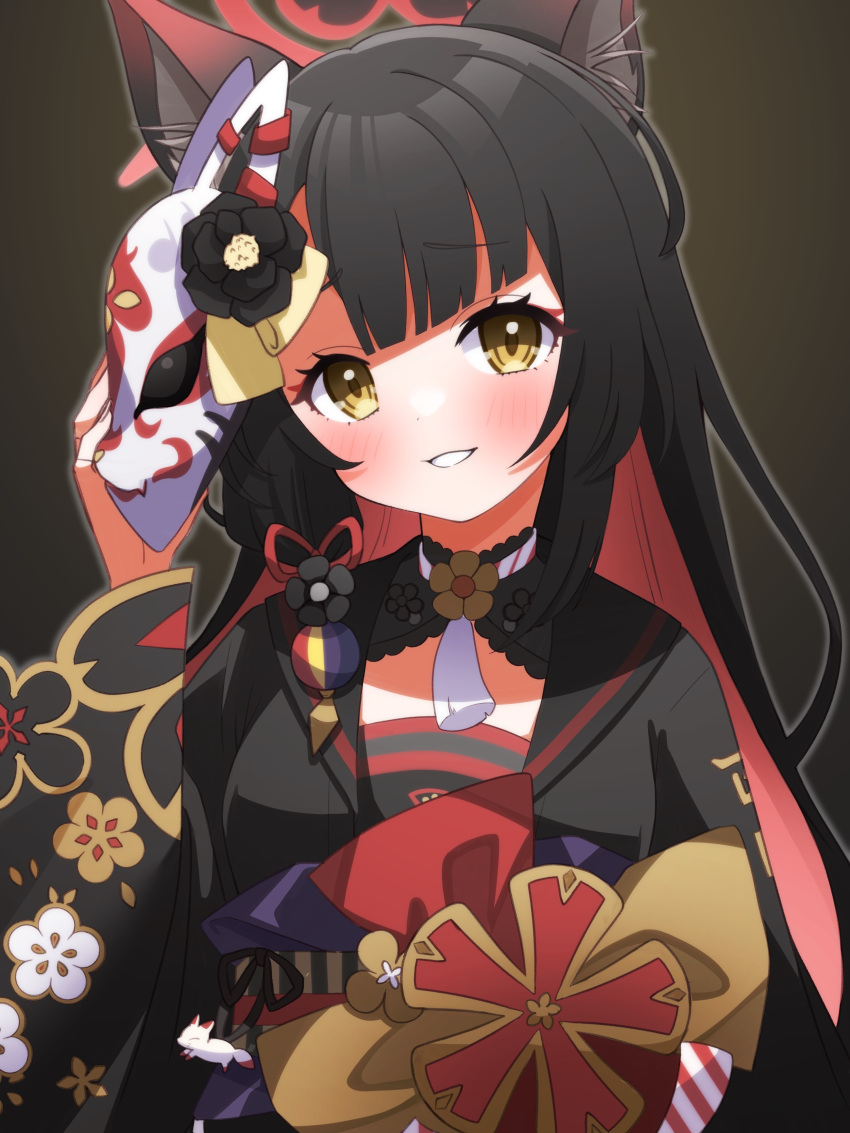 1girl absurdres animal_ear_fluff animal_ears black_hair black_kimono blue_archive blush colored_inner_hair floral_print fox_ears fox_mask halo highres japanese_clothes kimono long_hair long_sleeves looking_at_viewer mask multicolored_hair obi open_mouth petako_(ptpt_k) print_kimono red_hair red_halo sash smile solo upper_body wakamo_(blue_archive) wide_sleeves yellow_eyes