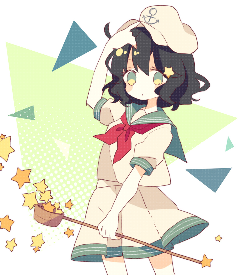 bad_id bad_pixiv_id black_hair daizu_(melon-lemon) green_eyes hat highres hishaku murasa_minamitsu sailor sailor_hat short_hair short_sleeves skirt solo star touhou