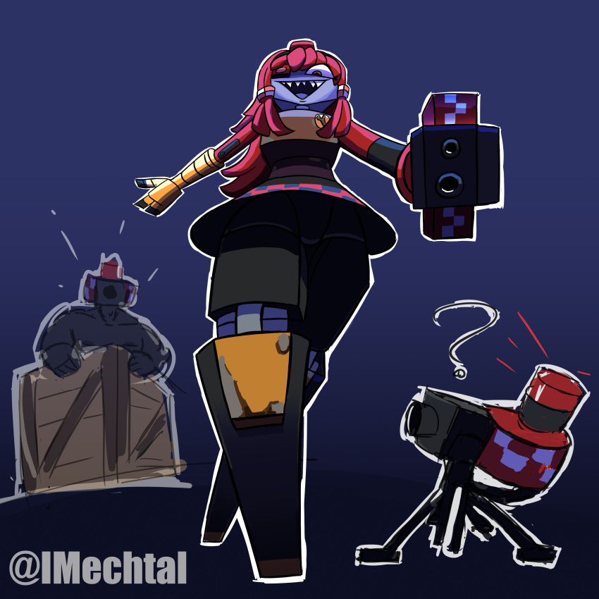 absurd_res anthro black_feet bottomwear box clothing container crate duo feet female gun hi_res humanoid looking_at_viewer machine mechtal mimi_sentry muscular ranged_weapon red_bottomwear red_clothing red_skirt robot robot_humanoid skirt solo turret weapon