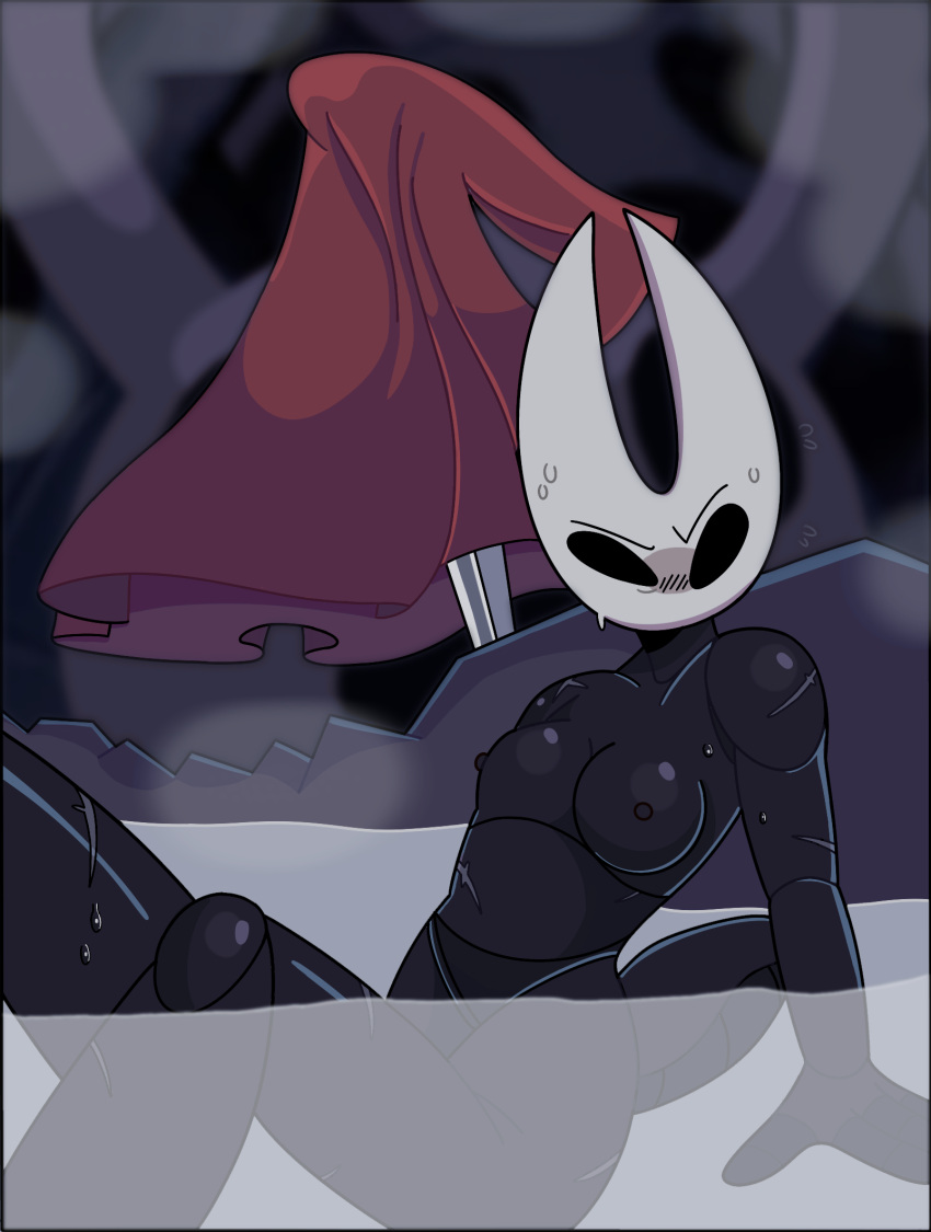 angry anthro bathing bodily_fluids body_scars breasts cave cloak clothing completely_nude_female embarrassed exoskeleton exposed_breasts female fluffbird hi_res hollow_knight hornet_(hollow_knight) hot_spring naked_female nude scar solo steam sweat sweatdrop team_cherry thorax_(body_part) water wet wet_body