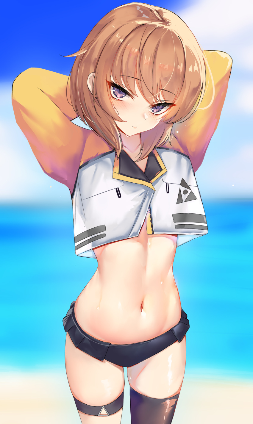 1girl absurdres arms_behind_head avatar_(holoearth) beach bikini bikini_bottom_only black_bikini black_thighhighs blue_sky blurry blurry_background cloud cropped_jacket highres holoearth hololive jacket long_sleeves navel o-ring o-ring_thigh_strap ocean orange_hair orange_jacket purple_eyes rifufu short_hair single_thighhigh sky solo stomach sweat swimsuit thigh_strap thighhighs white_jacket