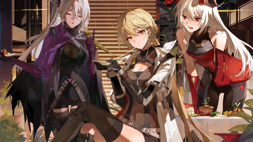 3girls absurdres blonde_hair bodysuit braid breasts cake charolic_(girls'_frontline_2) cleavage cloak closed_eyes coat dark_skin eating food french_braid girls'_frontline girls'_frontline_2:_exilium grey_hair hair_between_eyes highres holding holding_food long_hair medium_breasts meng_ziya multiple_girls nemesis_(girls'_frontline_2) open_clothes open_coat open_mouth orange_eyes ots-14_(girls'_frontline) parted_lips pointing pointing_up red_eyes teeth upper_teeth_only white_hair