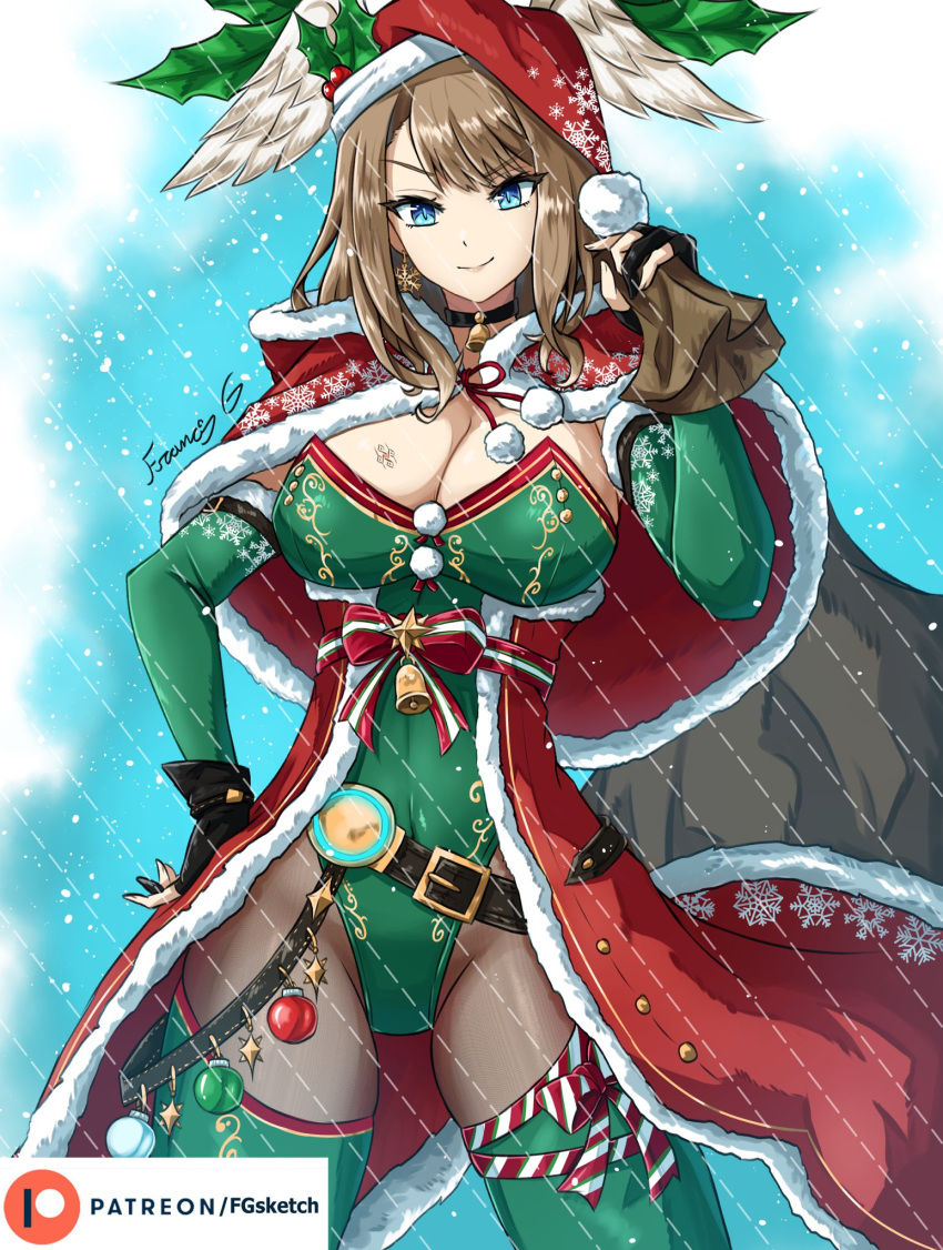 1girl alternate_costume asymmetrical_bangs black_choker black_gloves blue_eyes blue_pupils breast_tattoo breasts brown_hair capelet choker christmas cleavage coat elbow_gloves eunie_(xenoblade) fgsketch fingerless_gloves fur-trimmed_coat fur_trim gloves green_gloves green_leotard green_thighhighs hand_on_own_hip hat head_wings highres large_breasts leotard pantyhose red_capelet red_coat santa_costume santa_hat solo tattoo thighhighs thighhighs_over_pantyhose white_wings wings xenoblade_chronicles_(series) xenoblade_chronicles_3