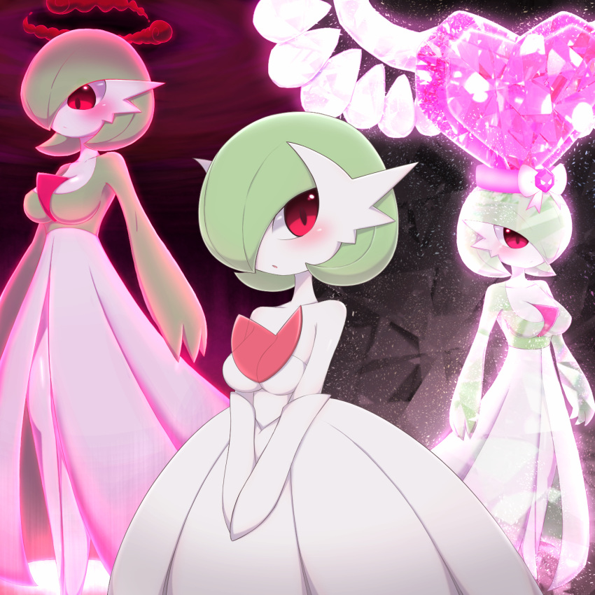 1girl arms_at_sides bare_shoulders blush bob_cut bow breasts cleavage closed_mouth collarbone colored_skin commentary dress dynamax elbow_gloves full_body gardevoir giant giantess gloves green_hair green_skin hair_over_one_eye hat heart highres long_dress looking_at_viewer looking_down medium_breasts mega_gardevoir mega_pokemon multicolored_skin multiple_views one_eye_covered open_mouth own_hands_together pink_gemstone pink_headwear pokemon pokemon_(creature) red_eyes short_hair smoke standing strapless strapless_dress terastallization two-tone_skin v_arms white_bow white_dress white_gloves white_skin x_(zvkm7328)