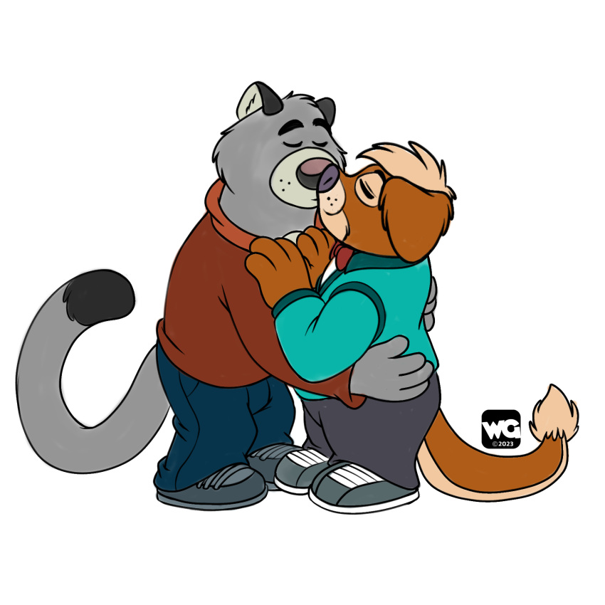 2023 anthro bottomwear bow_tie brok_the_investigator brown_body clothing domestic_cat duo embrace felid feline felis graff_filsh grey_body hi_res hoodie hubie360 hug humanoid_hands hybrid kissing male male/male mammal mustelid ott_(brok_the_investigator) otter pants shirt simple_background suid suina topwear warthog white_background