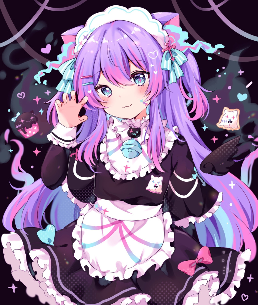 1girl :3 animal_ears apron bell blue_eyes blue_hair blush bow brooch capelet cat_ears cat_girl claw_pose commentary cookie cross cupcake dress fang food frilled_capelet frilled_dress frilled_shirt_collar frills hair_ornament hairclip hand_up highres jewelry kokoshira_0510 long_hair looking_at_viewer maid maid_headdress multicolored_hair neck_bell original pink_hair purple_hair ribbon smile solo stitched_face stitches two_side_up very_long_hair waist_apron wings