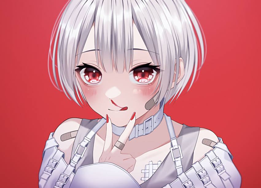 1girl bandaid bandaid_on_arm bandaid_on_chest bandaid_on_face bandaid_on_hand blood blush collar commentary fingernails highres long_fingernails long_sleeves looking_at_viewer nail_polish nosebleed off-shoulder_shirt off_shoulder original red_background red_eyes shirt short_hair smile solo symbol-only_commentary tank_top tongue tongue_out upper_body v_over_mouth wanko_(yurika0320) white_hair