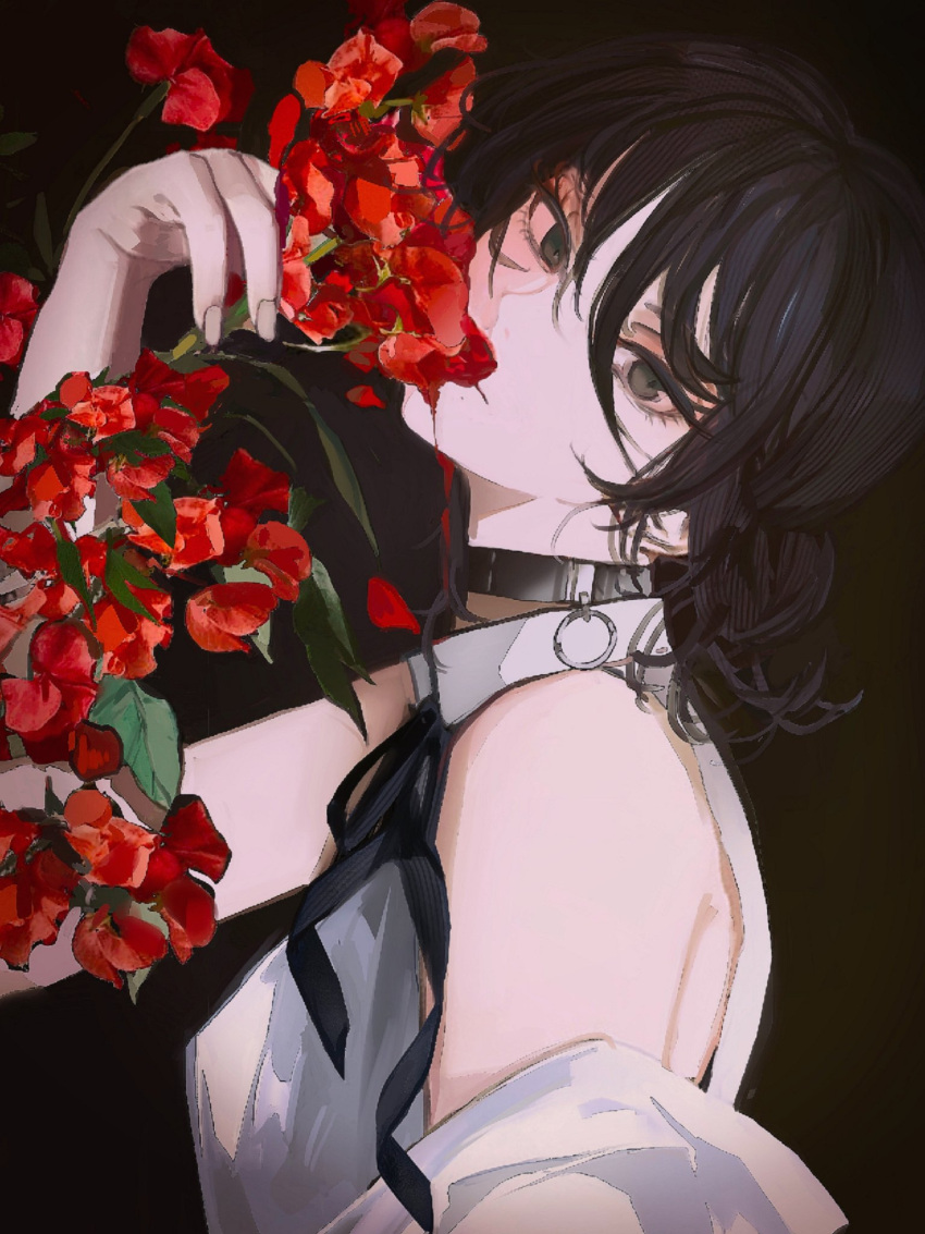 1girl bare_shoulders black_background black_choker black_hair black_ribbon blood chainsaw_man choker expressionless facing_viewer fingernails flower green_eyes grenade_pin hair_between_eyes highres holding holding_flower john_kafka leaf long_fingernails medium_hair red_flower reze_(chainsaw_man) ribbon shaft_look shirt solo upper_body white_shirt