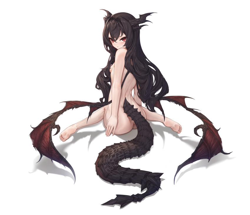 alduin black_hair breasts completely_nude dragon_girl dragon_tail dragon_wings from_behind genderswap genderswap_(mtf) hair_intakes highres horns long_hair looking_at_viewer looking_back mung_(larnec) nude personification red_eyes sitting small_breasts tail the_elder_scrolls the_elder_scrolls_v:_skyrim wariza white_background wings