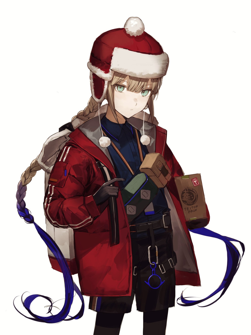 1boy belt black_belt black_gloves black_leggings black_shorts blue_hair blue_shirt blunt_bangs box braid brown_hair captain_nemo_(fate) carabiner cardboard_box carrying carrying_under_arm collared_shirt expressionless fate/grand_order fate_(series) fur_hat fur_trim gloves gradient_hair green_eyes hat highres holding holding_box jacket lanyard leggings long_hair long_sleeves looking_at_viewer male_focus multicolored_hair nemo_(fate) nemo_(santa)_(fate) open_clothes open_jacket pom_pom_(clothes) red_headwear red_jacket shirt shorts simple_background solo tamitami twin_braids ushanka very_long_hair white_background wing_collar