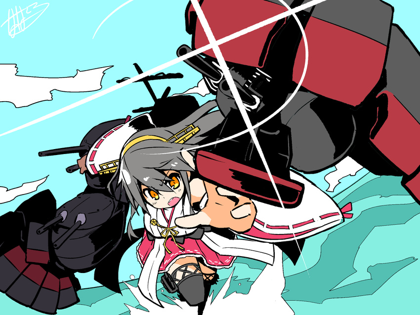 armor_girls_project black_hair brown_eyes cannon clenched_hand cloud commentary detached_sleeves dutch_angle fighting_stance glint gun hairband haruna_(kantai_collection) japanese_clothes kantai_collection long_hair mechanical_arm nanateru nontraditional_miko open_mouth outstretched_arm punching ribbon signature solo tengen_toppa_gurren_lagann thighhighs water weapon