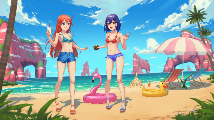 2girls ball beach beachball blue_eyes blue_hair blue_shorts brown_eyes chair cloud coconut commission commissioner_upload drink flip_flappers hair_ornament hairclip highres inflatable_toy kokomine_cocona long_hair multiple_girls nail_polish navel non-web_source ocean open_mouth orange_hair outdoors palm_tree papika_(flip_flappers) razv.art sand_castle sand_sculpture sandals shadow short_hair shorts shovel smile swimsuit toes tree uexkull umbrella v