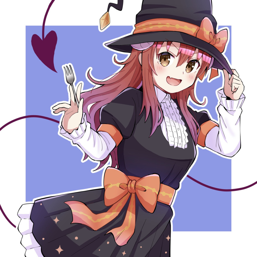 1girl :d alternate_costume black_dress black_headwear blue_background blush border bow brown_eyes brown_hair center_frills cowboy_shot demon_girl demon_tail dress dress_bow fang fork frills halloween_costume hand_on_headwear hands_up hat hat_bow hellfire00001 highres holding holding_fork long_hair long_sleeves looking_at_viewer machikado_mazoku open_mouth orange_bow puffy_short_sleeves puffy_sleeves shirt short_sleeves sidelocks simple_background skin_fang smile solo sparkle_print standing tail v-shaped_eyebrows wavy_hair white_border white_shirt witch_hat yoshida_yuuko_(machikado_mazoku)