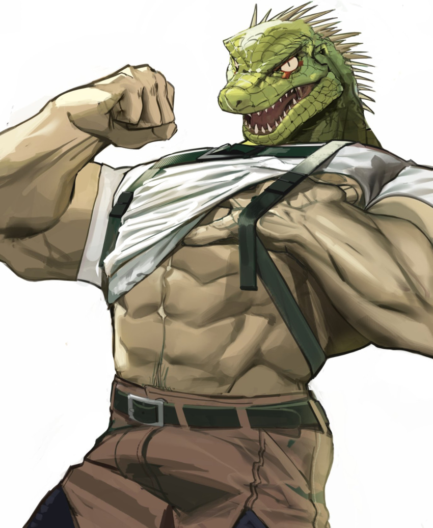 1boy abs bara brown_pants caiman_(dorohedoro) clenched_hand clothes_lift dorohedoro fangs flexing furry furry_male harness highres lizardman looking_at_viewer male_focus muscular muscular_male open_mouth pants pectorals reptile_boy shirt shirt_lift tokuni_(toktoktokuni) white_background white_shirt